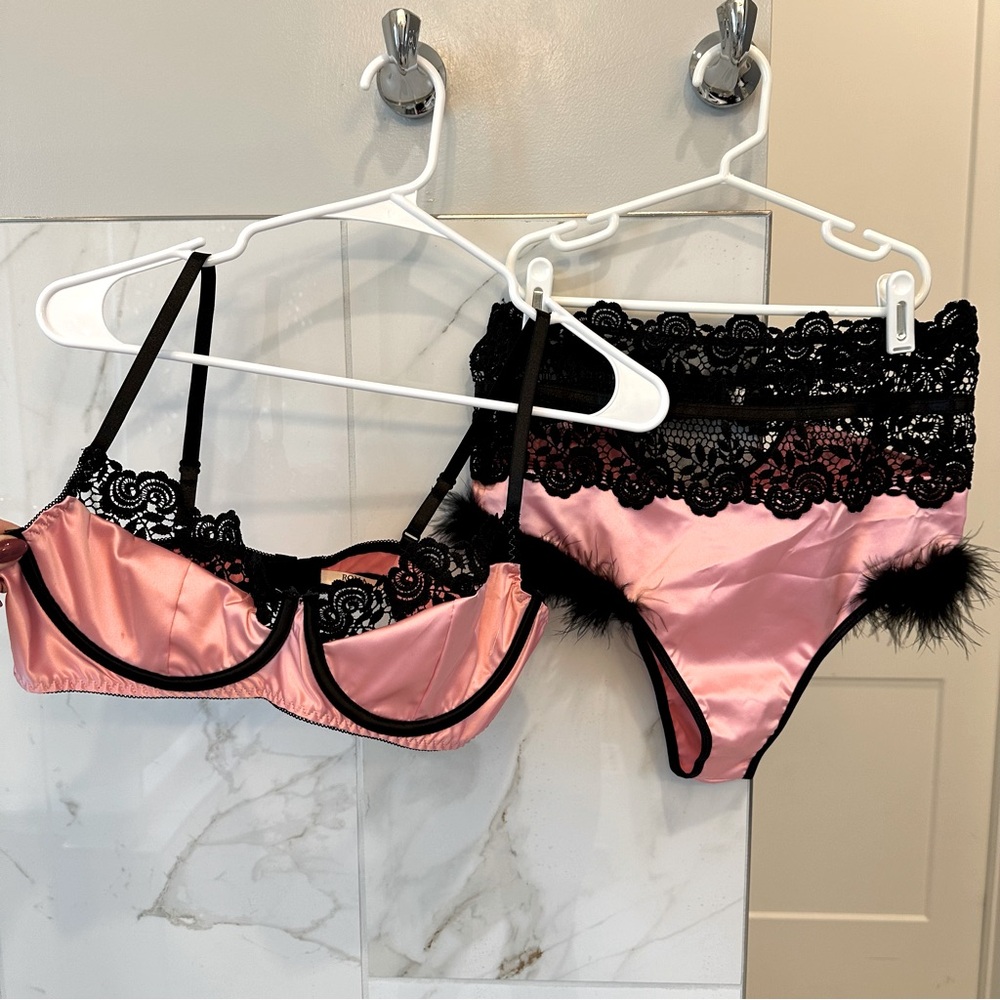 Roma Pink Satin & Black Lace Lingerie Set